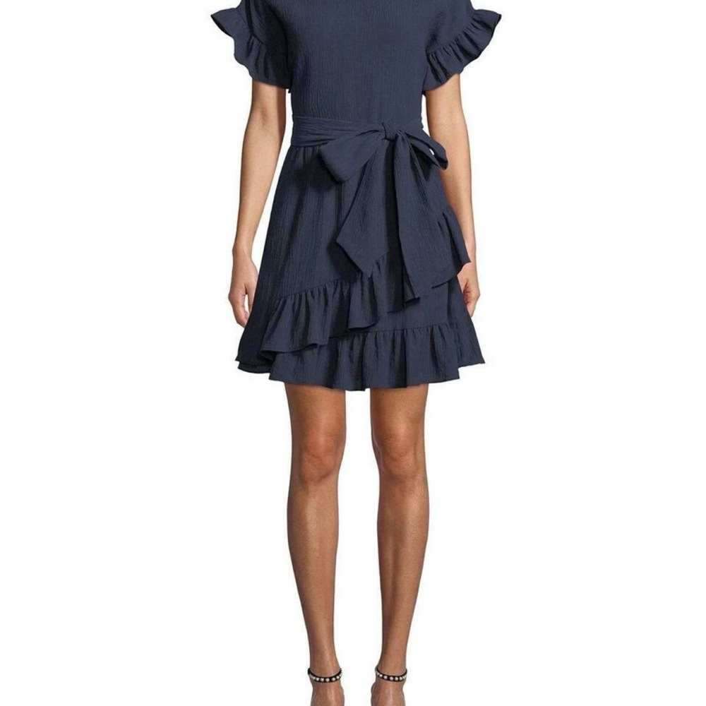 Michael Kors Dress (Navy Blue) Crinkle Gauze Ruffle, Wrap Belt, Flutter Sleeve